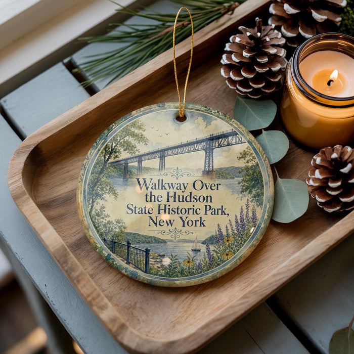 A decorative ornament featuring a bridge and greenery, placed on a wooden surface alongside pine cones and a lit candle.