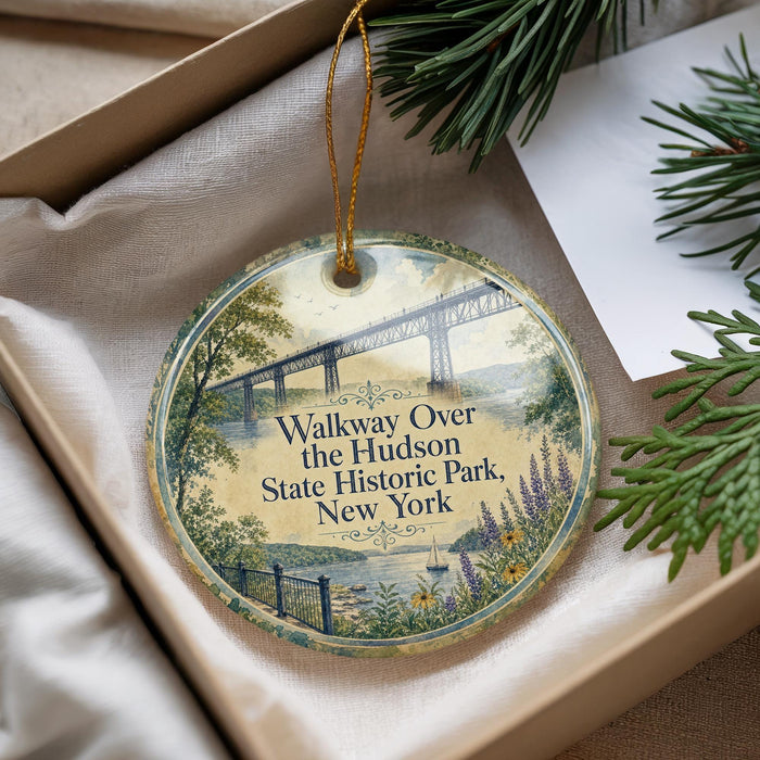 A round ornament with a scenic image of a bridge and trees, along with the text "Walkway Over the Hudson State Historic Park, New York".