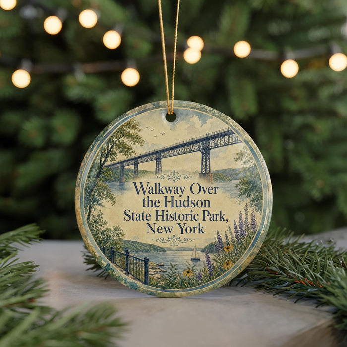 A round ornament with a scenic image of a bridge and a river, surrounded by greenery, is displayed on a surface with Christmas lights in the background.