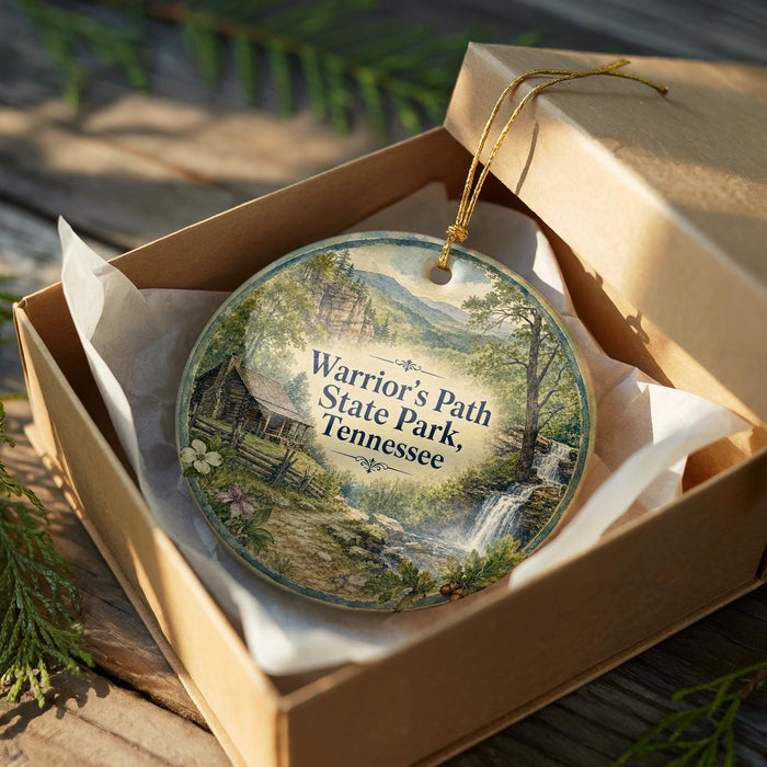 A decorative ornament in a wooden box, featuring a scenic landscape with a waterfall and forest.