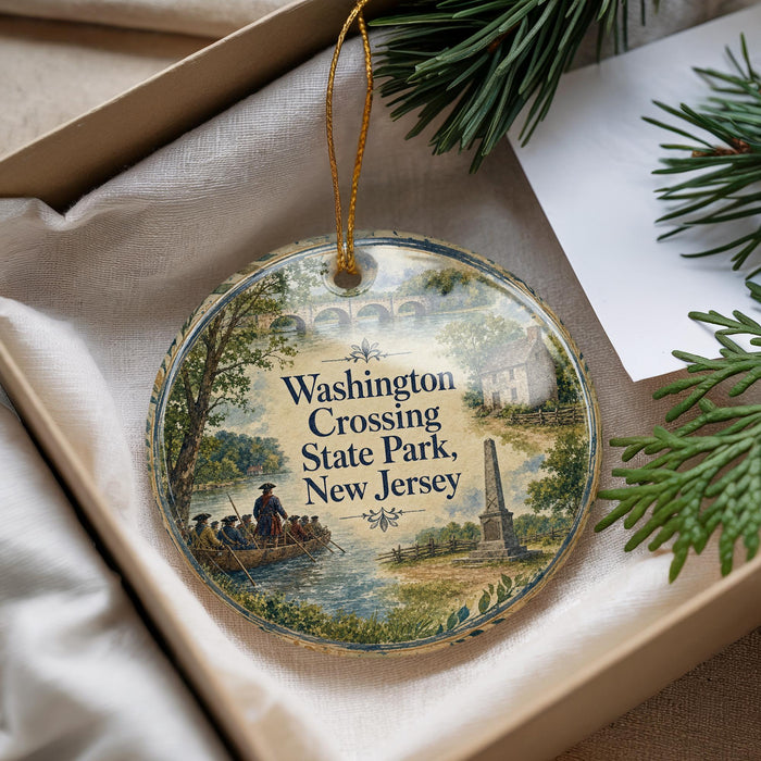 A decorative ornament with a scene of people in a boat on a river, surrounded by trees and buildings, with the text "Washington Crossing State Park, New Jersey" displayed on it.