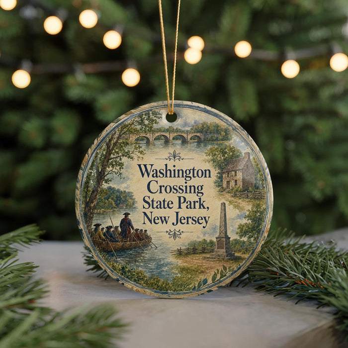 A circular ornament with a painting of a boat on a river, surrounded by trees and buildings, with the text "Washington Crossing State Park, New Jersey" displayed on it.