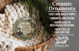 Ceramic ornaments, featuring a round ornament with a scenic image of Washington Crossing State Park, New Jersey, hanging from a wicker basket.