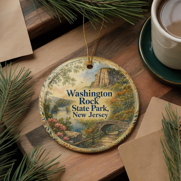A decorative ornament featuring a scenic landscape of Washington Rock State Park, New Jersey, with a bridge and pine trees in the background.
