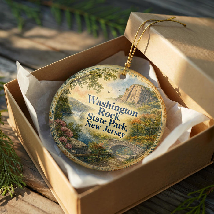 A decorative ornament in a box, featuring a scenic landscape with a bridge and trees, with the text "Washington Rock State Park New Jersey" printed on it.