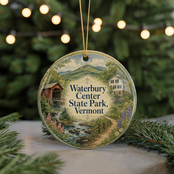 A round ornament with a scenic image of Waterbury Center State Park, Vermont, featuring a bridge, a house, and a stream.