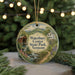 A round ornament with a scenic image of Waterbury Center State Park, Vermont, featuring a bridge, a house, and a stream.