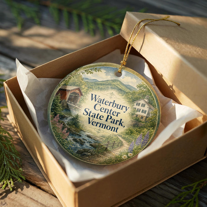 A decorative ornament in a wooden box, featuring a scenic landscape with a bridge and a house, with the text "Waterbury Center State Park, Vermont" printed on it.
