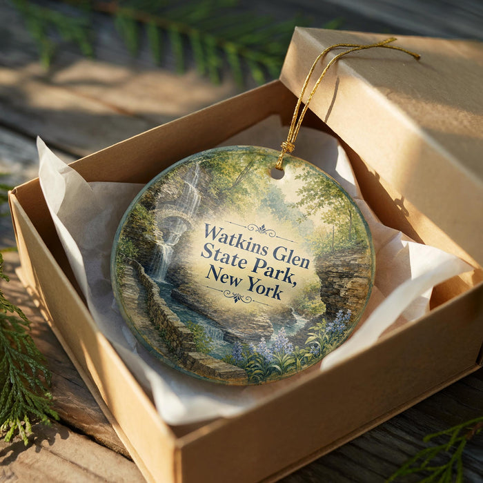 A circular ornament in a brown box, featuring a scenic landscape with a waterfall and greenery, with the text "Watkins Glen State Park, New York" printed on it.