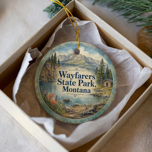 A decorative ornament in a box, featuring a scenic landscape with mountains, a lake, and a cabin, with the text "Wayfarers State Park, Montana" prominently displayed.