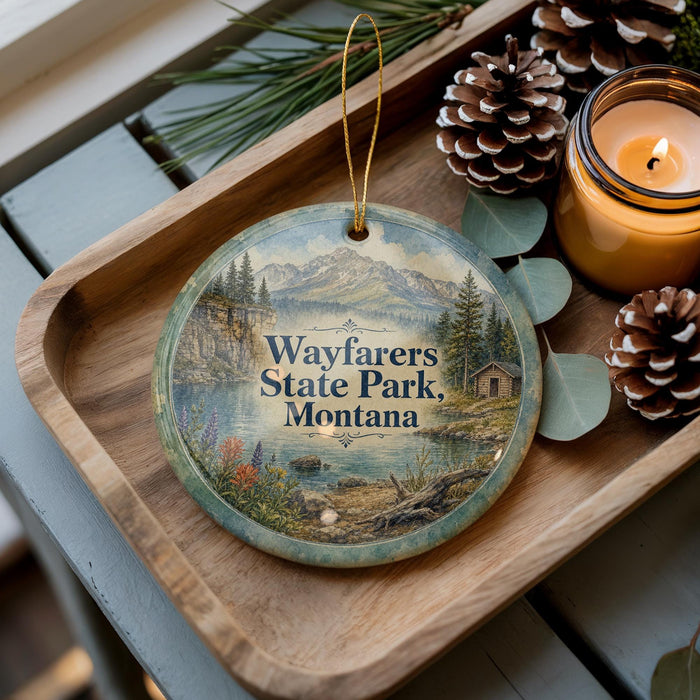 A wooden tray with a decorative ornament featuring a scenic landscape of Wayfarer's State Park, Montana, and pine cones.