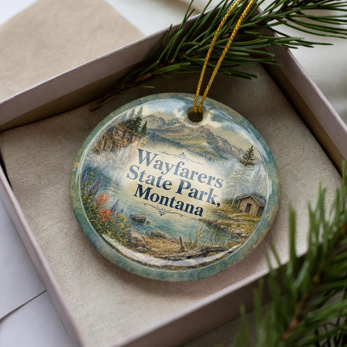 A decorative ornament in a box, featuring a scenic landscape with mountains, pine trees, and a lake.