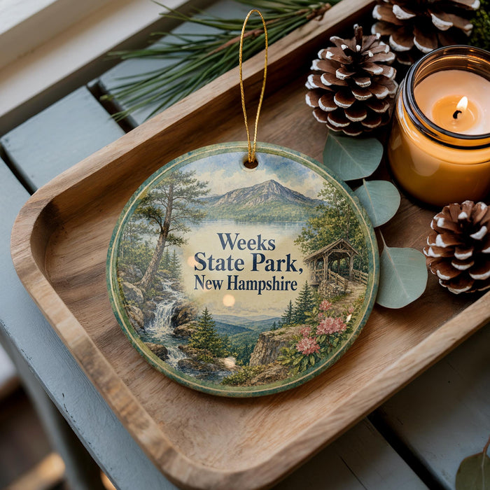 A wooden tray with a decorative ornament featuring a scenic landscape of Weeks State Park, New Hampshire, and pine cones.