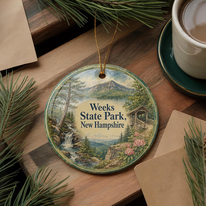 A circular ornament with a scenic landscape of Weeks State Park, New Hampshire, featuring a waterfall, pine trees, and a bridge.