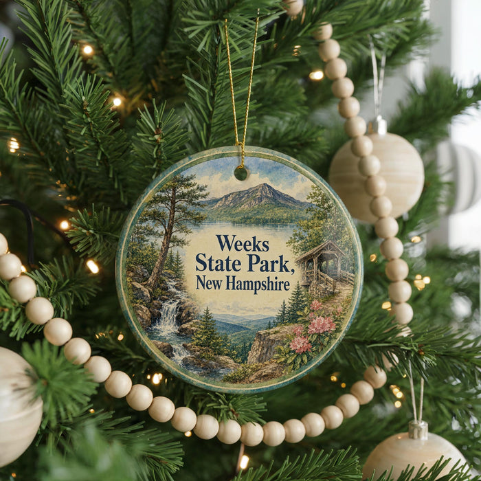 A circular ornament hanging on a Christmas tree, featuring a scenic landscape with a waterfall and mountains.