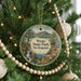 A circular ornament hanging on a Christmas tree, featuring a scenic landscape with a waterfall and mountains.