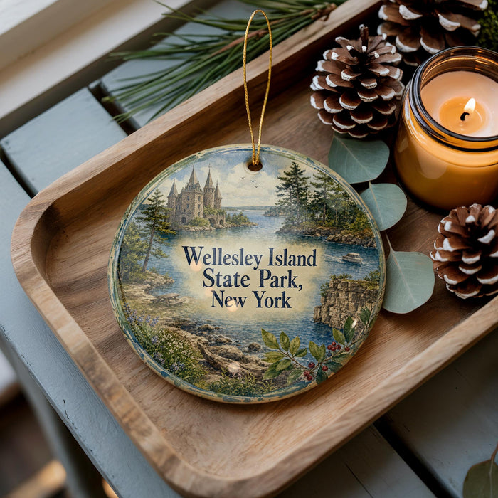 A wooden tray with a decorative ornament featuring a castle and a scenic landscape, along with pine cones and a lit candle, placed on a table.