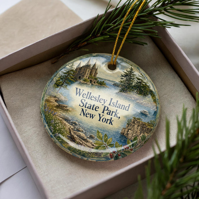 A decorative ornament in a box, featuring a scenic landscape with a castle, trees, and water.