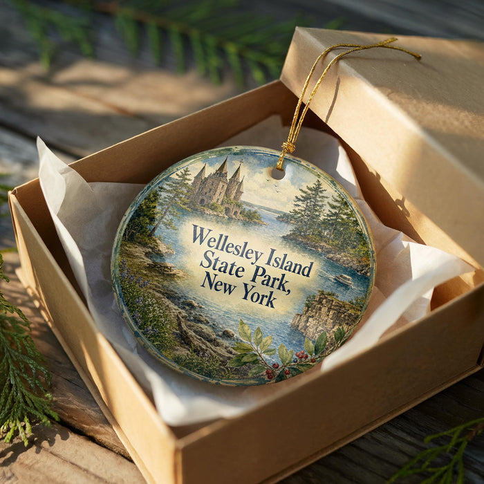 A circular ornament in a box, featuring a scenic landscape with a castle, trees, and water.