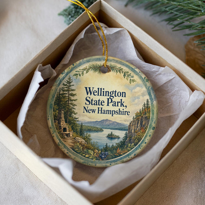 A round ornament with a scenic landscape of a lake and mountains, featuring the text "Wellington State Park, New Hampshire" on it, is displayed in a box.