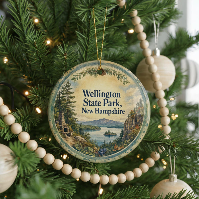 A circular ornament on a Christmas tree, featuring a scenic image of Wellington State Park in New Hampshire.