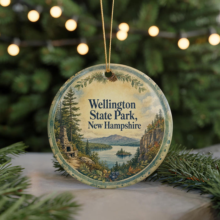A circular ornament with a scenic landscape of a lake, mountains, and pine trees, featuring the text "Wellington State Park, New Hampshire".