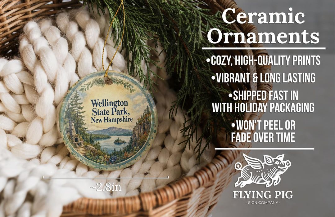 Ceramic ornaments, including a round ornament with a scenic image of Wellington State Park, New Hampshire, hanging from a wicker basket.