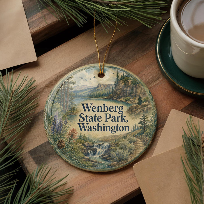 A decorative ornament with a scenic landscape of Wenberg State Park, Washington, featuring pine trees, a waterfall, and mountains.