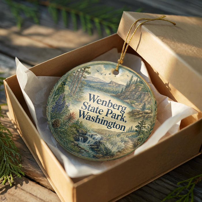 A circular ornament with a scenic landscape of Wenberg State Park in Washington, featuring mountains, waterfalls, and pine trees. The ornament is displayed in a cardboard box with a gold string.