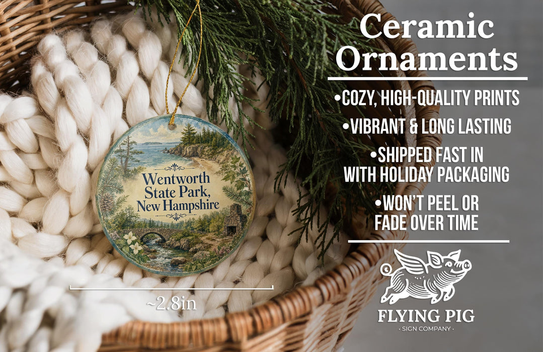 Ceramic ornaments, specifically a ceramic ornament with a scenic landscape, are displayed in a basket. The ornament is described as cozy, high-quality prints, vibrant, and long lasting, and it is shipped fast in holiday packaging. The ornament is not described as being peeled or faded over time.