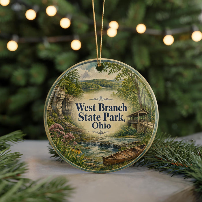 A round ornament with a scenic image of West Branch State Park, Ohio, featuring a river, bridge, and trees.