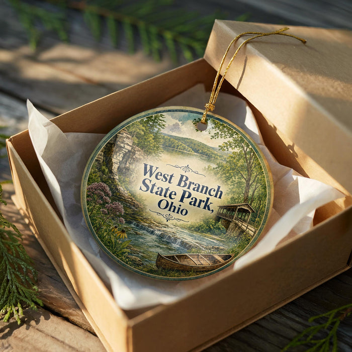 A round ornament in a brown box, featuring a scenic image of West Branch State Park, Ohio.