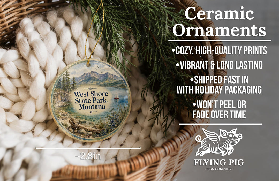 Ceramic ornaments, featuring a scenic image of West Shore State Park, Montana, hanging from a wicker basket.