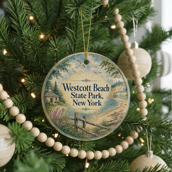 A round ornament hanging on a Christmas tree, featuring a scenic image of Westcott Beach State Park, New York.