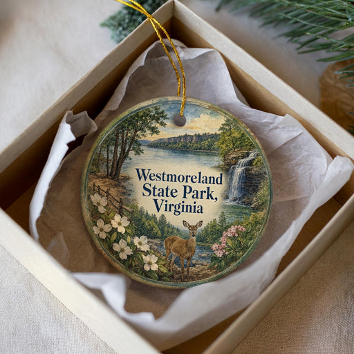 A decorative ornament in a box, featuring a scenic landscape with a deer, trees, and a waterfall.