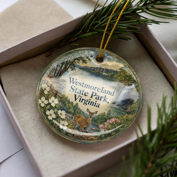 A decorative ornament in a box, featuring a scenic landscape with a deer, flowers, and a waterfall.