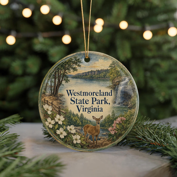 A decorative ornament featuring a deer standing in front of a scenic landscape, with a body of water and a waterfall in the background. The ornament is hanging from a string and is placed on a surface with pine branches.