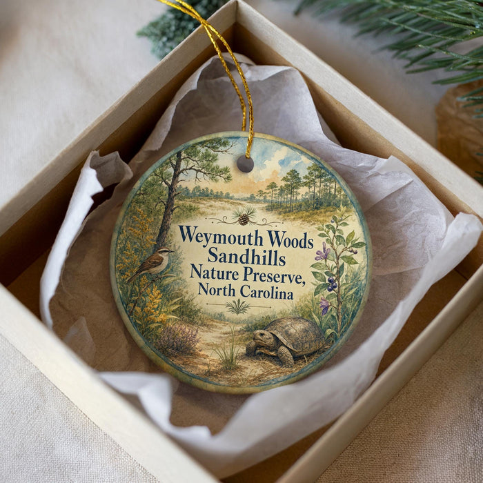 A round ornament with a nature scene, featuring a bird, a turtle, and a forest landscape, is displayed in a box.