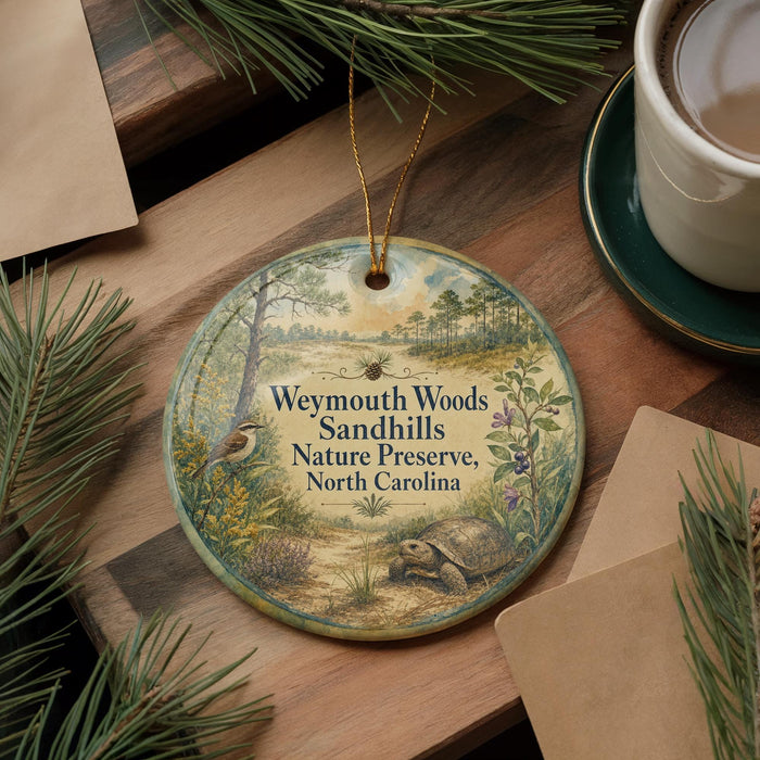 A round ornament with a nature scene and text, placed on a wooden surface next to a cup of coffee and some pine branches.
