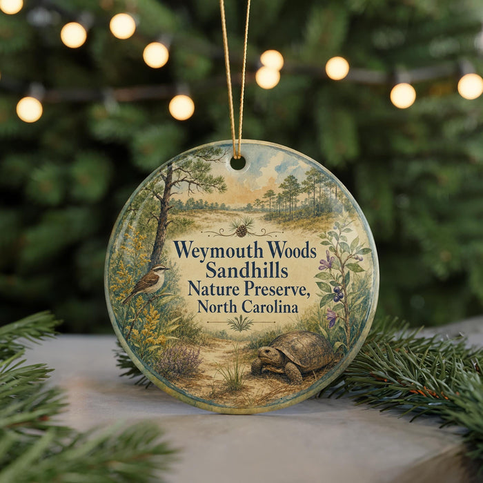 A round ornament with a nature scene featuring a bird, a turtle, and a pine tree, along with text that reads "Weymouth Woods Sandhills Nature Preserve, North Carolina".