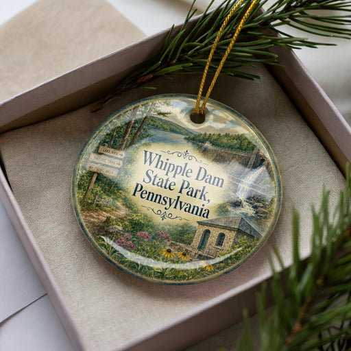A decorative ornament with a scenic image of Whipple Dam State Park in Pennsylvania, featuring a house and a waterfall.