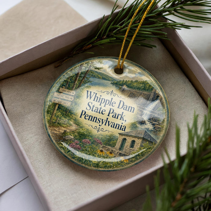 A decorative ornament with a scenic image of Whipple Dam State Park in Pennsylvania, featuring a house and a waterfall.