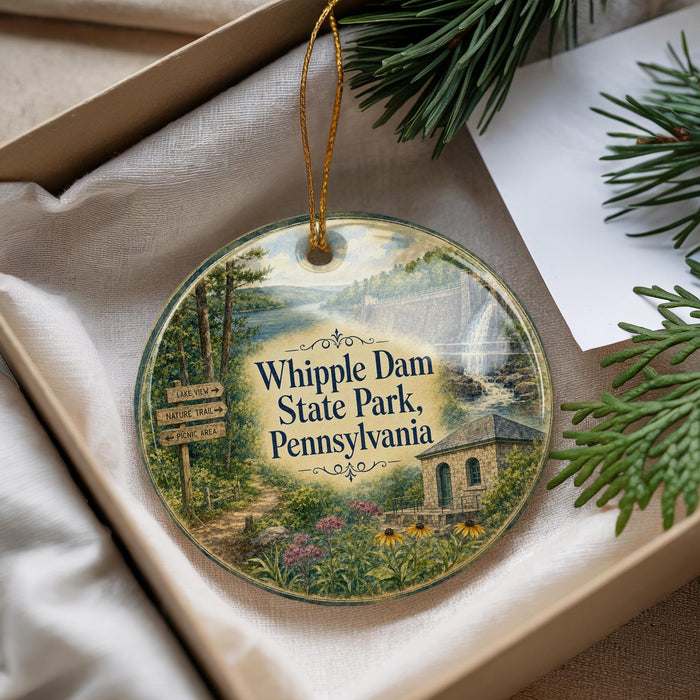 A decorative ornament with a scenic image of Whipple Dam State Park, Pennsylvania, hanging from a string.