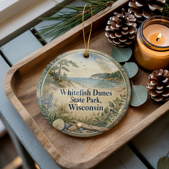 A decorative ornament with a scenic landscape of Whitefish Dunes State Park, Wisconsin, featuring pine cones, a candle, and greenery.