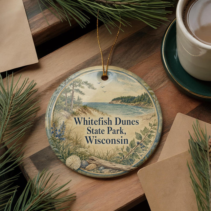 A decorative ornament with a scenic landscape of Whitefish Dunes State Park, Wisconsin, featuring pine trees, a lake, and a bird in flight. The ornament is hanging on a wooden surface, surrounded by pine branches and a cup of coffee.