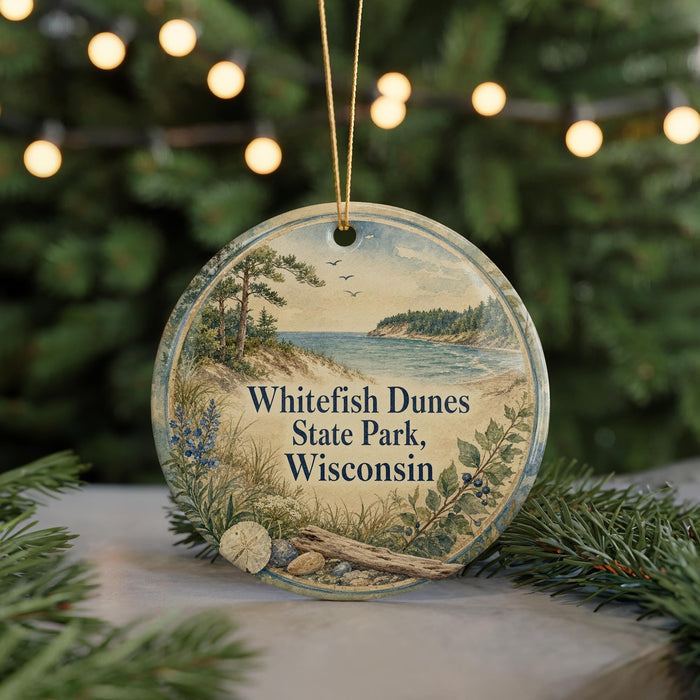 A round ornament with a scenic landscape of Whitefish Dunes State Park, Wisconsin, featuring a pine tree, a lake, and a bird in flight.