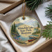 A decorative ornament with a scenic image of Whitefish Lake State Park, Montana, featuring a lake, mountains, pine trees, and a canoe.