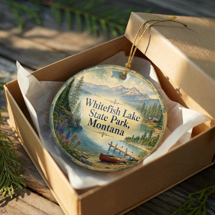 A round ornament in a wooden box, featuring a scenic landscape with mountains, a lake, and a canoe, with the text "Whitefish Lake State Park, Montana" printed on it.