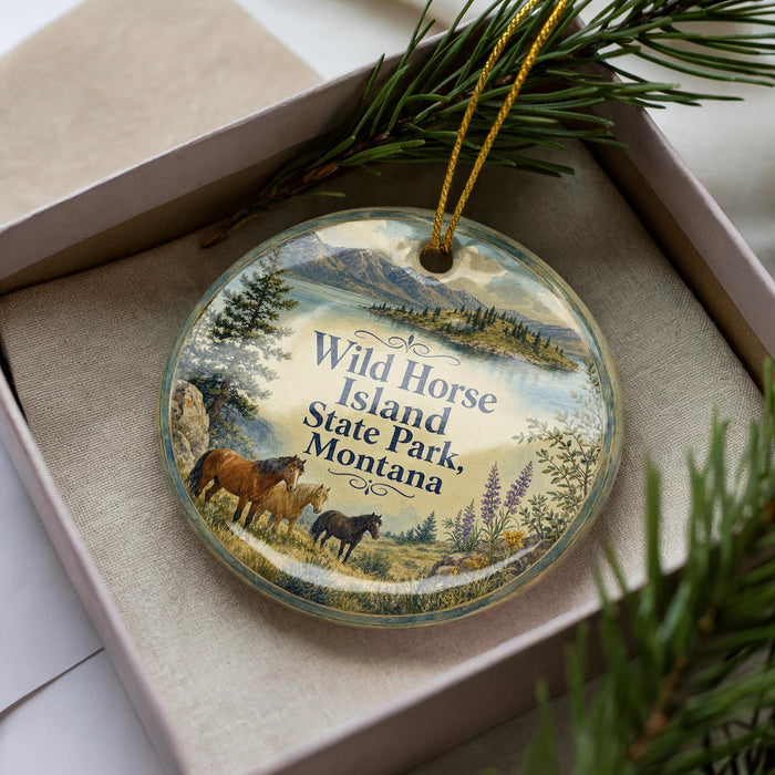 A decorative ornament with a scenic landscape featuring wild horses, pine trees, and mountains, placed in a box with a pine branch.