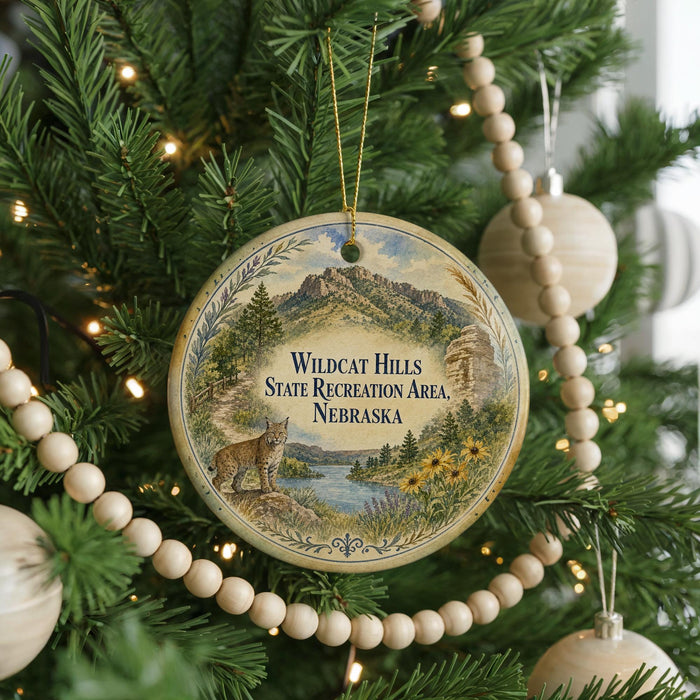 A round ornament on a Christmas tree, featuring a scenic landscape with mountains, trees, and a cat.